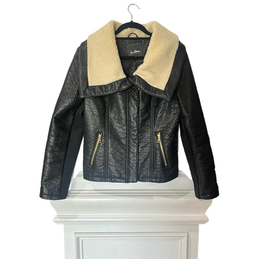 SAM EDELMAN Women's Caitlyn Aviator Jacket Faux Leather Sherpa Moto Black MED